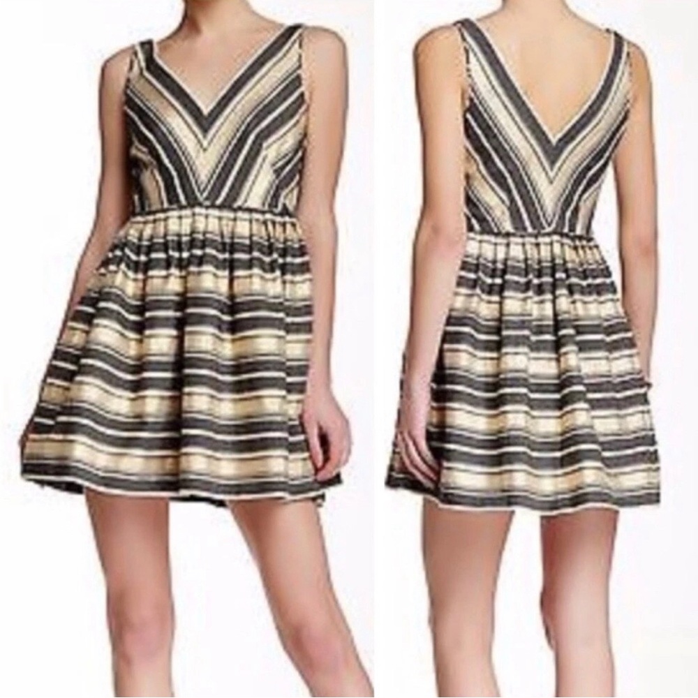 J. Crew Metallic Gold Striped Fit & Flare Mini Dress Size 2 Cocktail Party Glam - Picture 13 of 13
